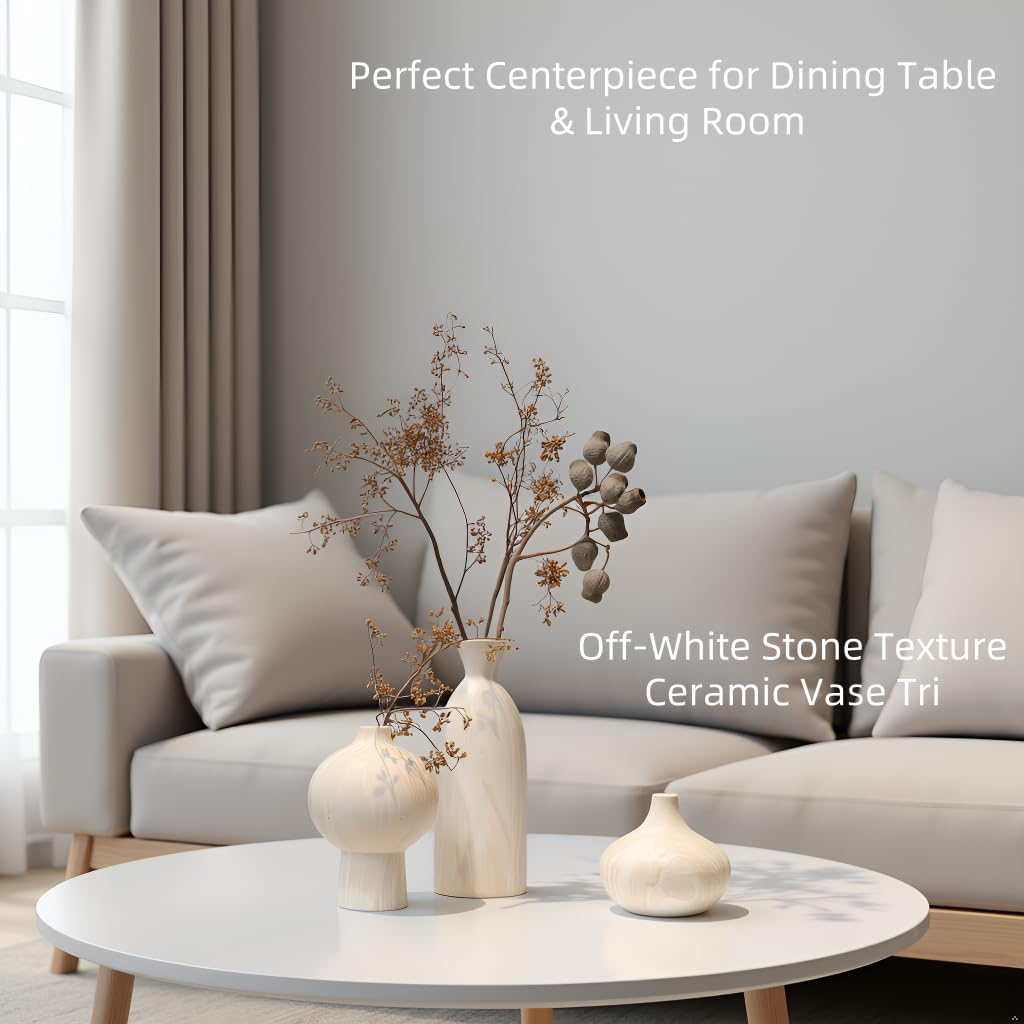 Mileer Ceramic Vase Set of 3 – White & Beige, Stone-Look Texture