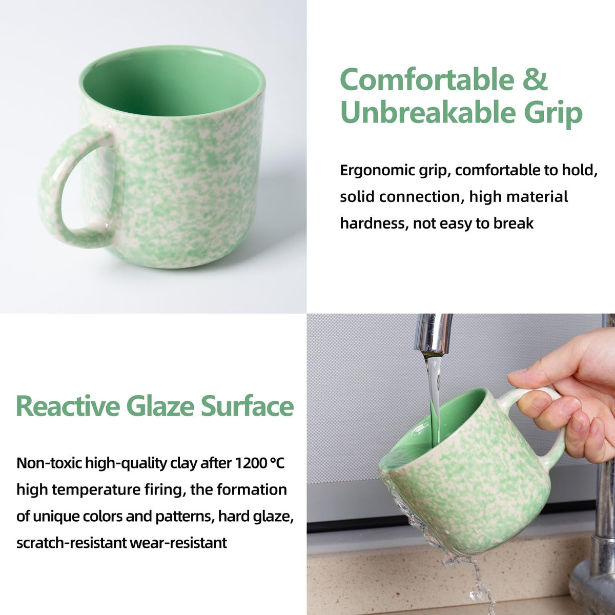 Mileer 12oz Ceramic Coffee Mugs – Set of 4, Green