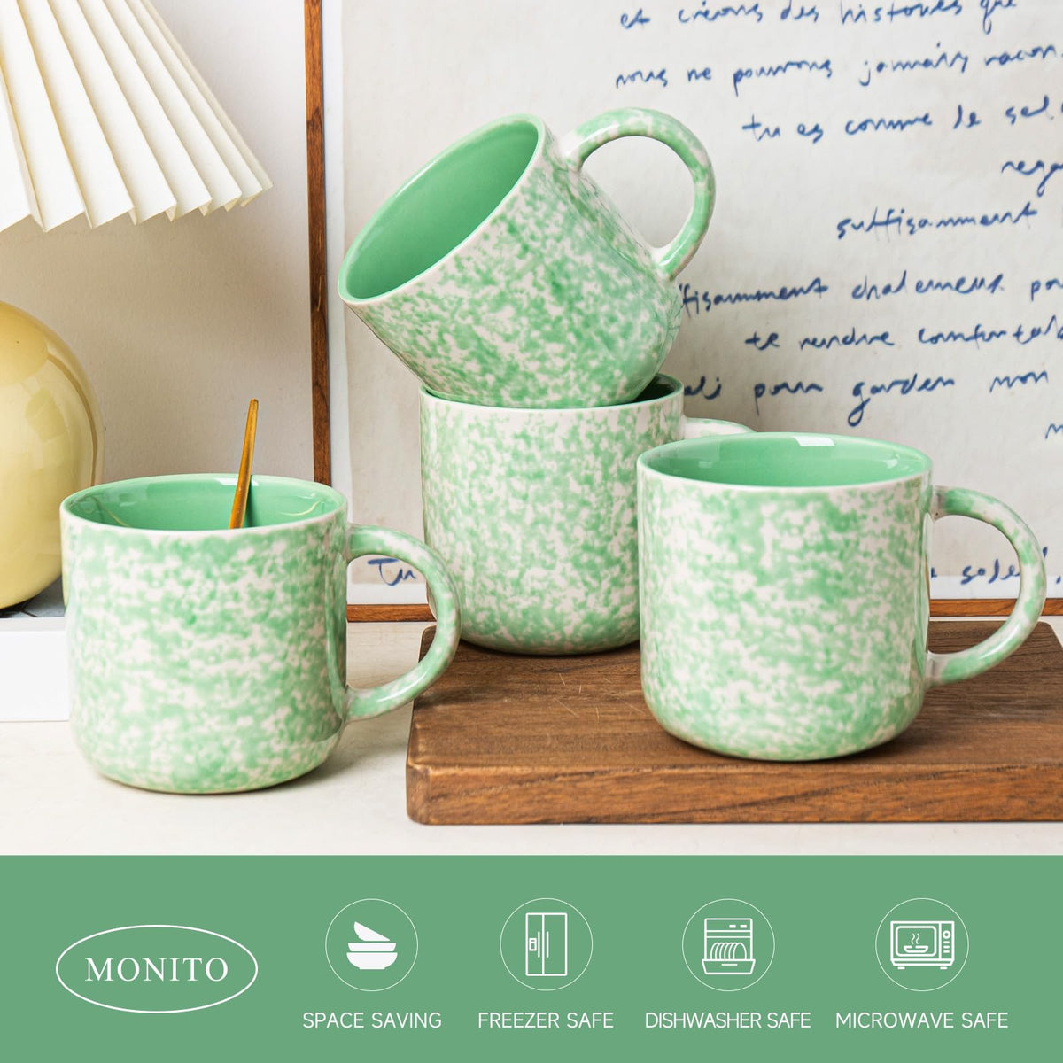 Mileer 12oz Ceramic Coffee Mugs – Set of 4, Green