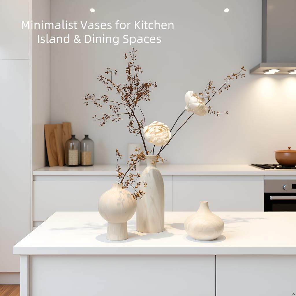 Mileer Ceramic Vase Set of 3 – White & Beige, Stone-Look Texture