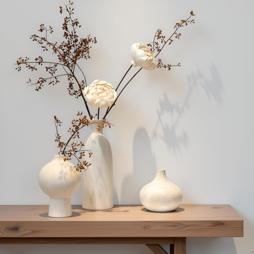 Mileer Ceramic Vase Set of 3 – White & Beige, Stone-Look Texture