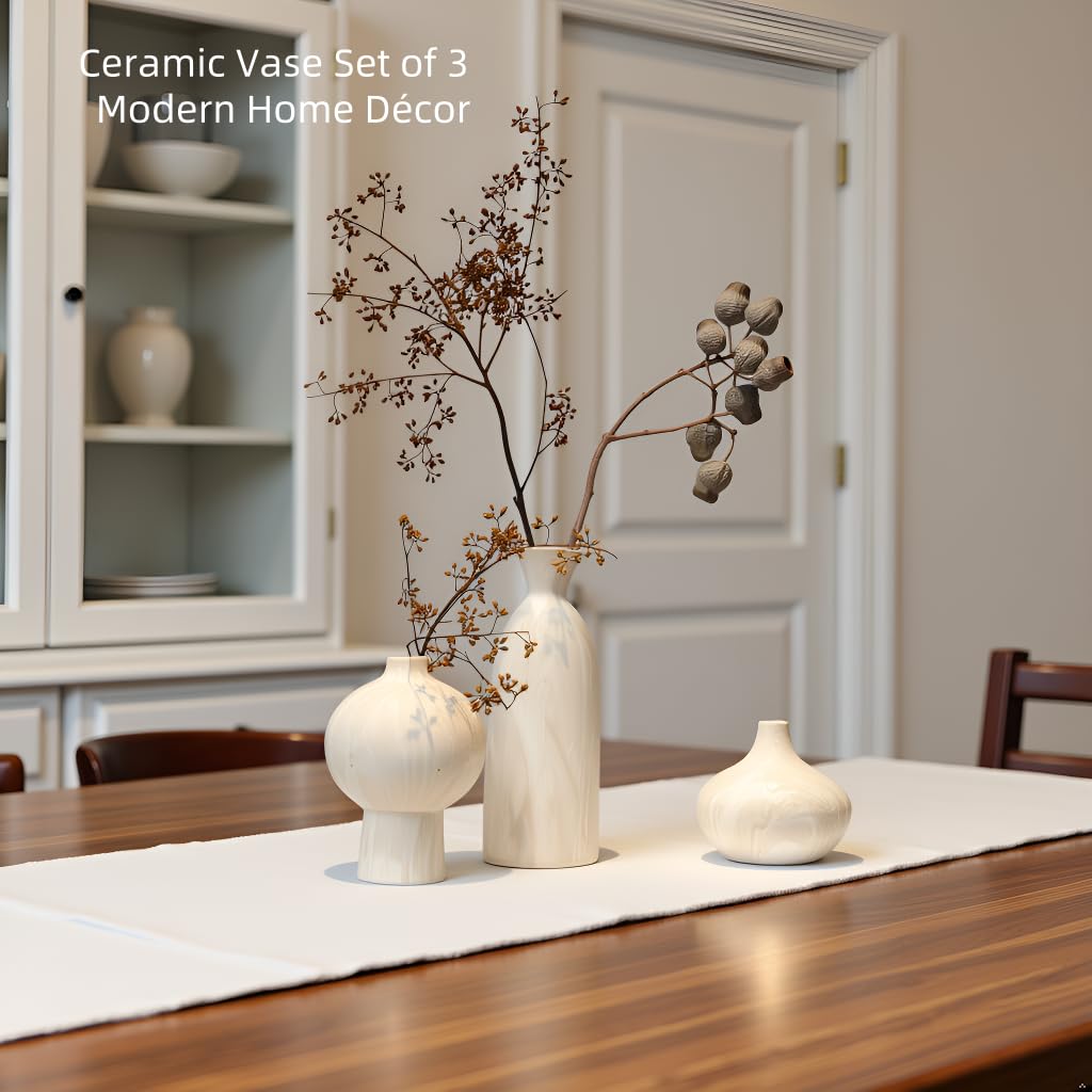 Mileer Ceramic Vase Set of 3 – White & Beige, Stone-Look Texture