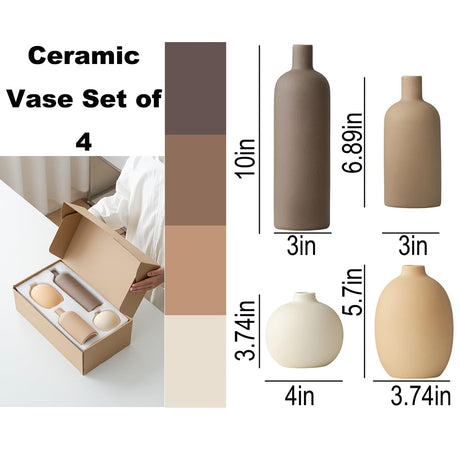 Mileer Modern Ceramic Vase Set of 4 – Neutral Colors, Coffee Mix