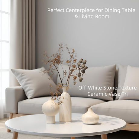 Mileer Ceramic Vase Set of 3 – White & Beige, Stone-Look Texture