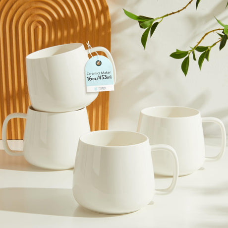 Mileer 16oz Stackable Ceramic Coffee Mugs – Set of 4, White