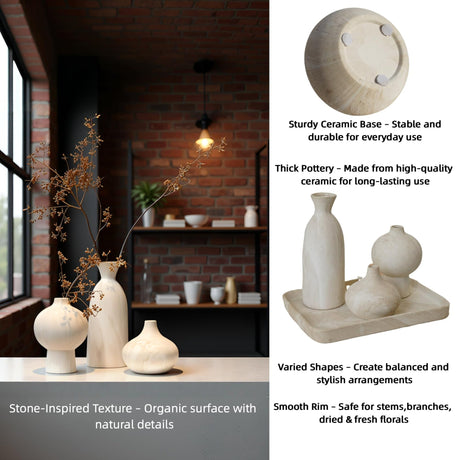 Mileer Ceramic Vase Set of 3 – White & Beige, Stone-Look Texture