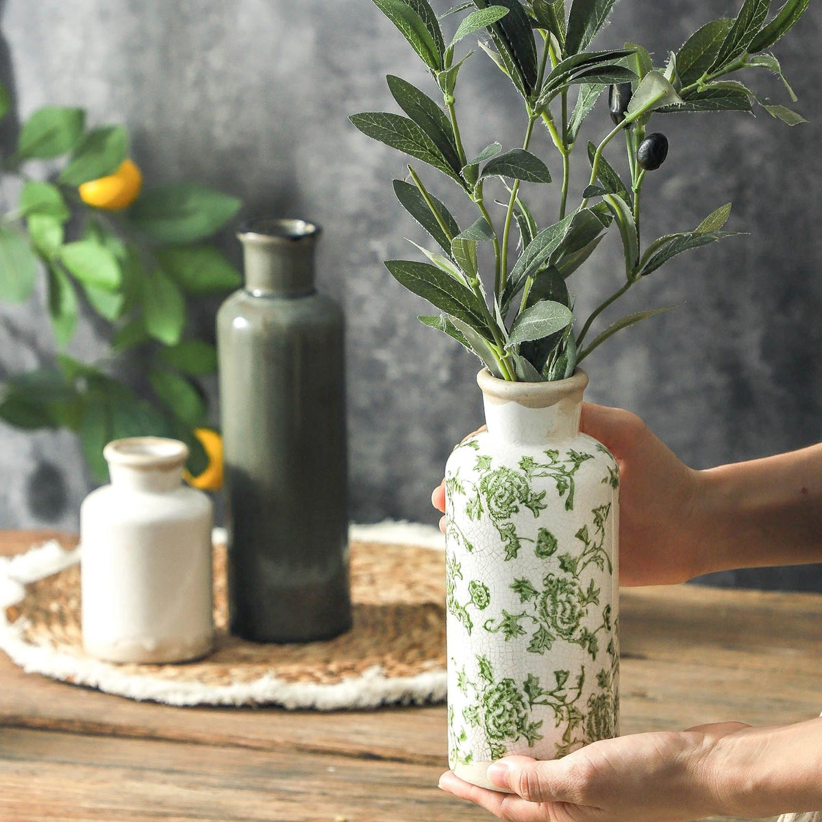 Mileer Vintage Ceramic Flower Vase Set of 3 – Chinoiserie, Green & Beige