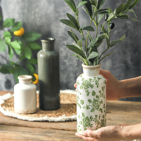 Mileer Vintage Ceramic Flower Vase Set of 3 – Chinoiserie, Green & Beige