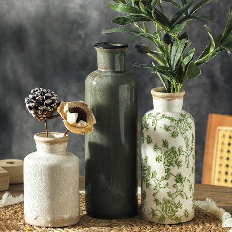 Mileer Vintage Ceramic Flower Vase Set of 3 – Chinoiserie, Green & Beige