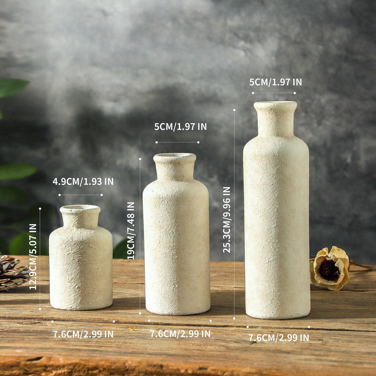 Mileer Ceramic Vases Set of 3 – Whitewashed Neutral, Farmhouse Decor