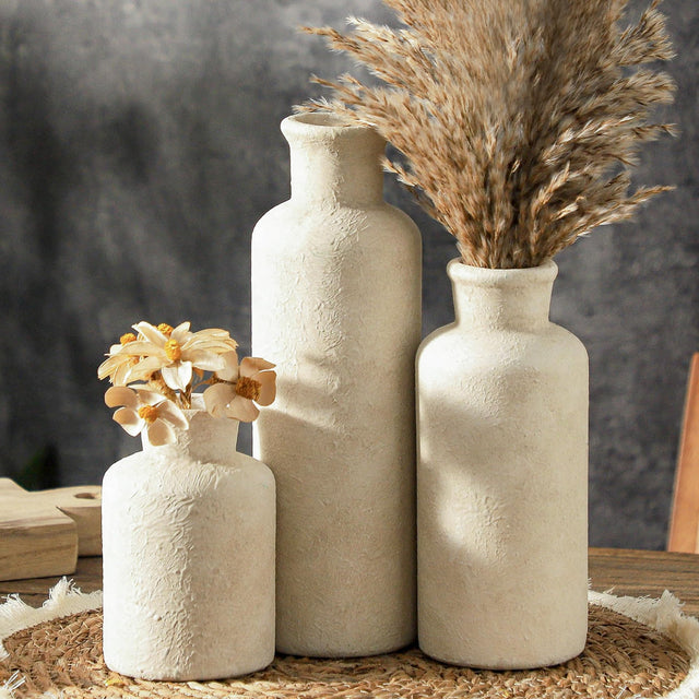 Mileer Ceramic Vases Set of 3 – Whitewashed Neutral, Farmhouse Decor