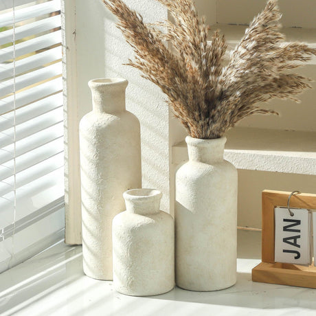 Mileer Ceramic Vases Set of 3 – Whitewashed Neutral, Farmhouse Decor